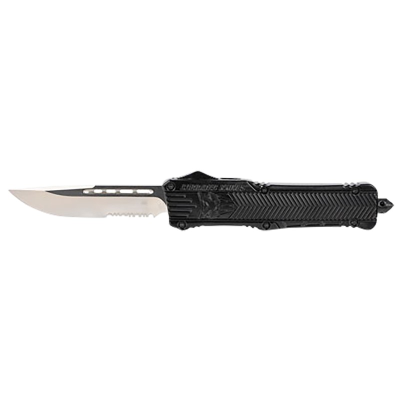 CobraTec Knives LBCTK1LDS CTK1  Large 3.75 OTF Drop Point Part Serrated D2 Steel Blade Black Aluminum Handle Features Glass Brea