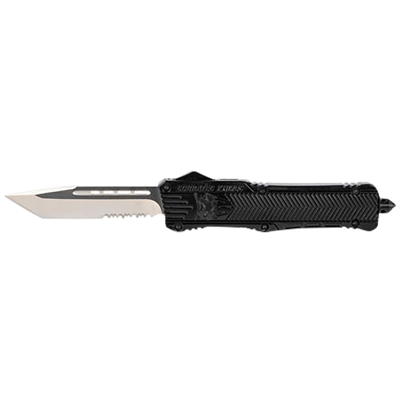 CobraTec Knives LBCTK1LTS CTK1  Large 3.75 OTF Tanto Part Serrated D2 Steel BladeBlack Aluminum Handle Features Glass Breaker In