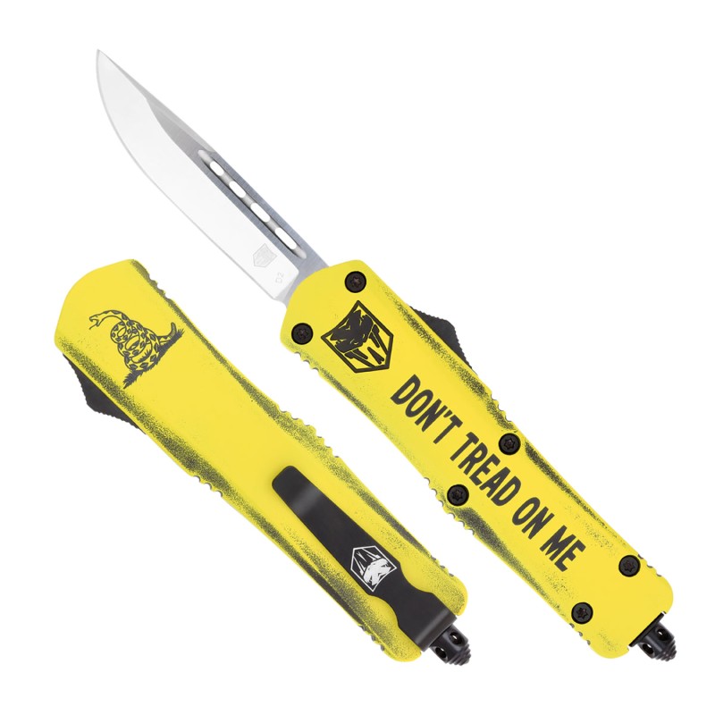 CobraTec Knives MDTOMFS3DNS FS3 Dont Tread On Me Medium 3 OTF Drop Point Plain D2 Steel Blade Yellow wDont Tread On Me Aluminum 