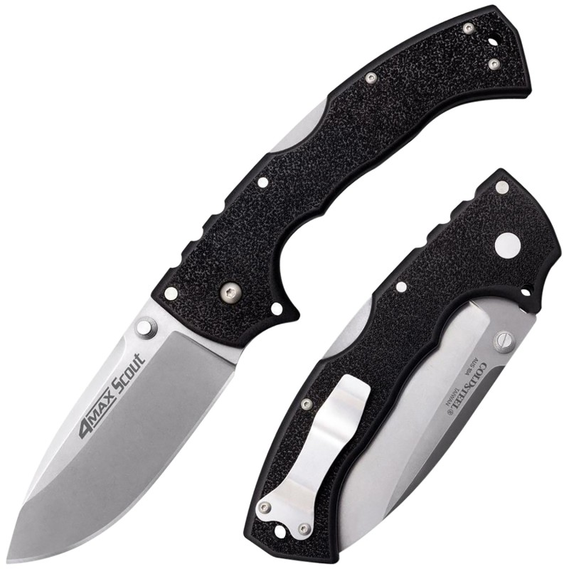 Cold Steel CS62RQ 4Max Scout 4 Folding Plain Stone Washed Japanese AUS10A SS Blade Black GrivEx Handle Includes Pocket Clip