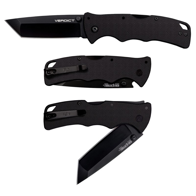 Cold Steel CSFLC3T10A Verdict  3 Folding Tanto Plain Black Matte AUS10A SS BladeBlack G10 Handle Includes Belt Clip