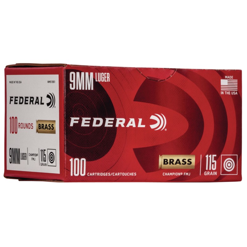 Federal WM51991 Champion Training 9mm Luger 115 gr Full Metal Jacket 100 Per Box 5 Case