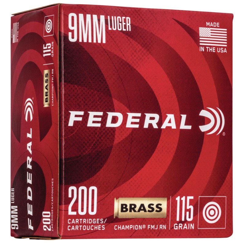 Federal WM51992 Champion Training 9mm Luger 115 gr Full Metal Jacket 200 Per Box 5 Case