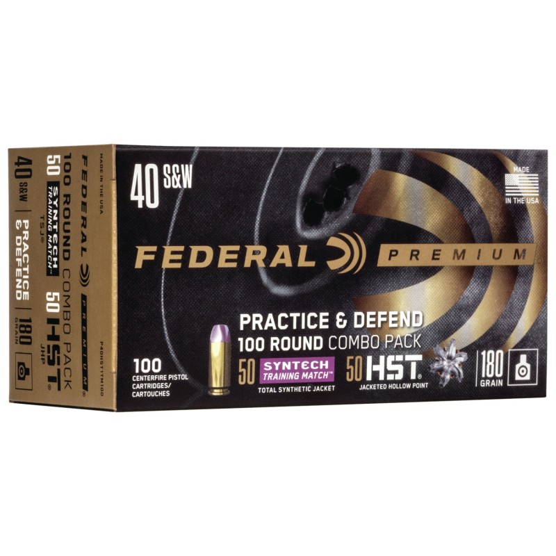 Federal P40HST1TM100 Premium Practice  Defend 40 SW 180 gr 1010 fps HST JHP Syntech TSJ 100 Bx 5 Case