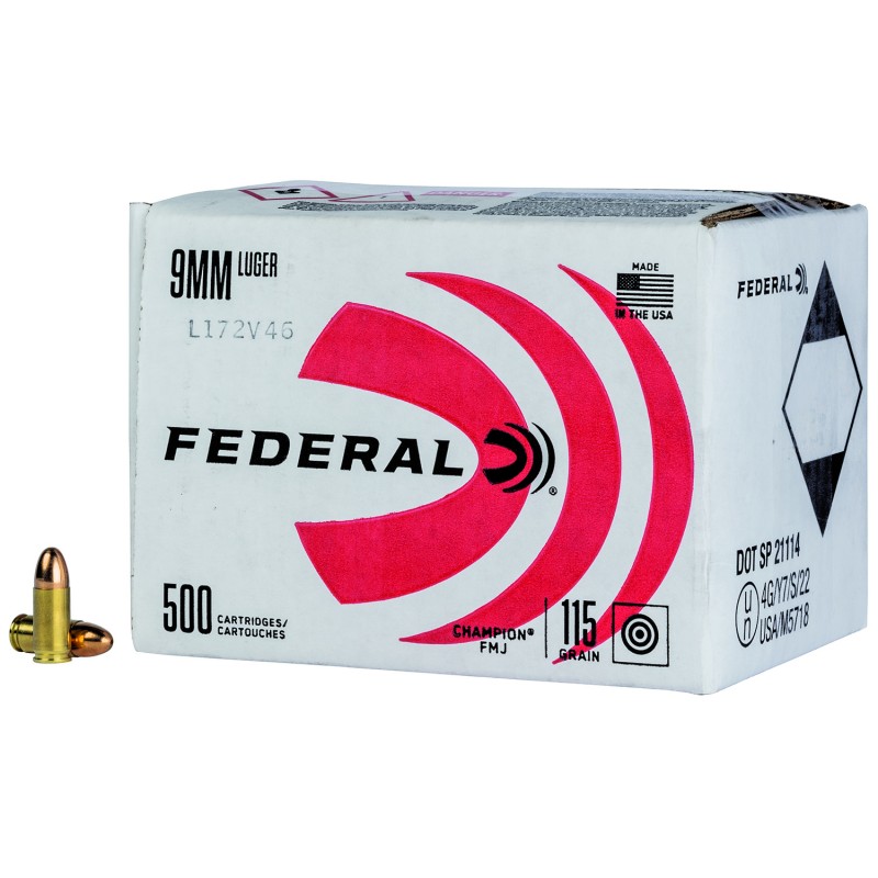 Federal C9115A500 Champion Training  9mm Luger 115 gr Full Metal Jacket 500rds Bulk Package