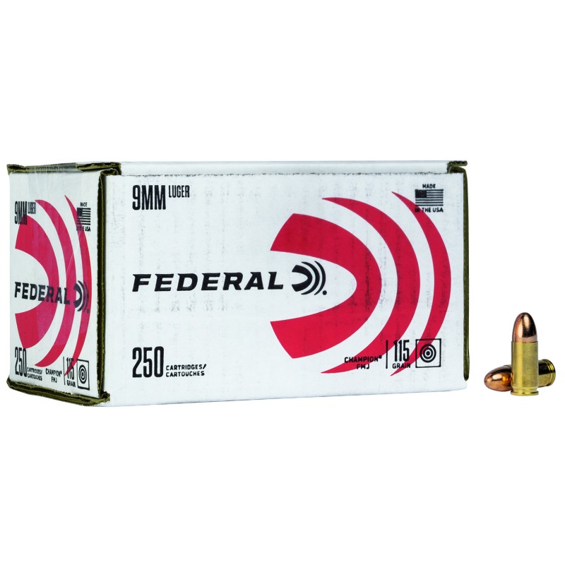 Federal C9115A250 Champion Training 9mm Luger 115 gr Full Metal Jacket 250 Per Box 4 Case