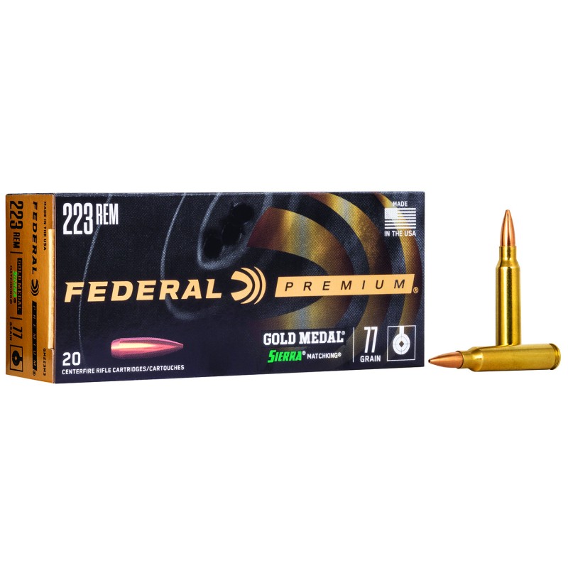 Federal GM223M3 Premium Gold Medal 223 Rem 77 gr Sierra MatchKing BTHP 20 Per Box 10 Case