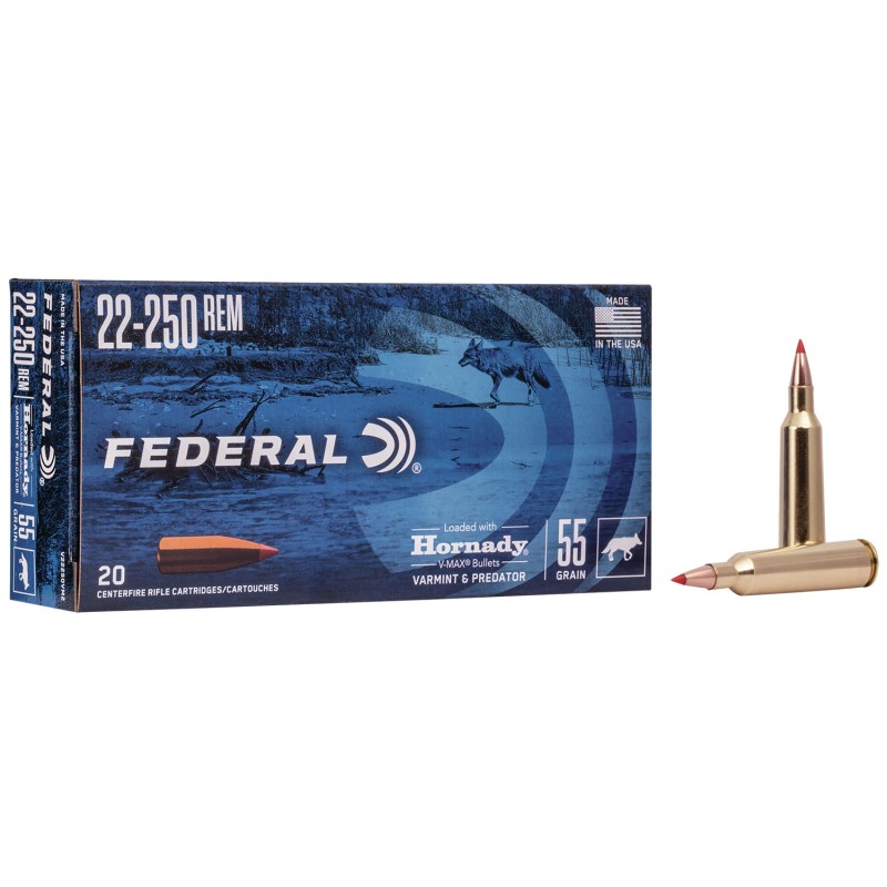 Federal V22250VM2 Varmint  Predator  22250 Rem 55 gr Hornady VMax 20 Per Box 10 Case