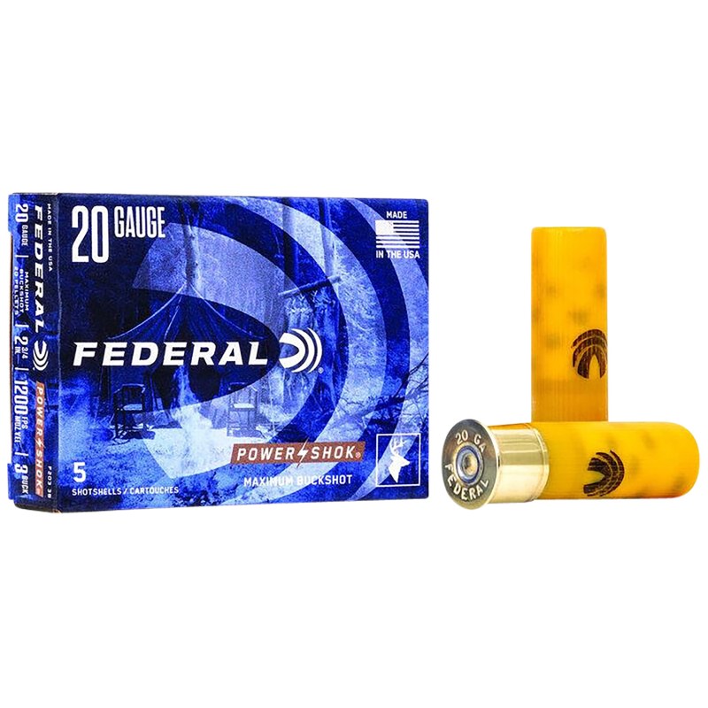 Federal F2033B PowerShok Magnum 20 Gauge 2.75 20 Pellets 1 oz 3 Buck Shot 5 Per Box 50 Case