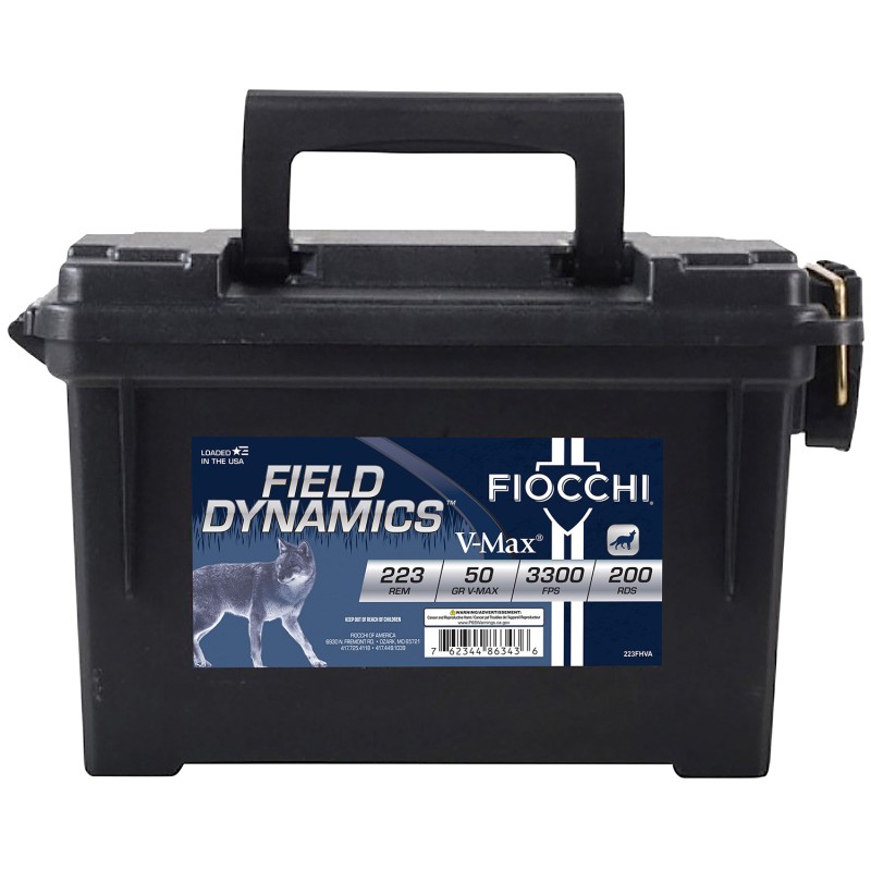 Fiocchi 223FHVA Field Dynamics  223 Rem 50 GR VMax Packaged 4 50 Round Boxes in a Plano Ammo Box for a Total of 200 Rounds