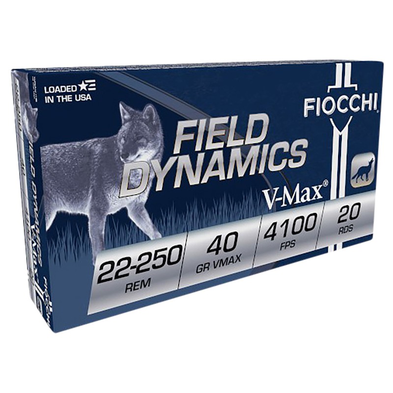 Fiocchi 22250HVB Field Dynamics  22250 Rem 40 gr Hornady V Max 20 Per Box 10 Case