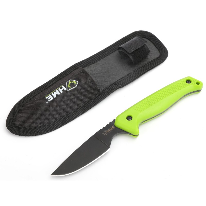 HME KNFBCK Fixed Blade  2.50 Fixed Caper Plain Black Oxide 420HC SS Blade Green TPR Handle Includes Sheath