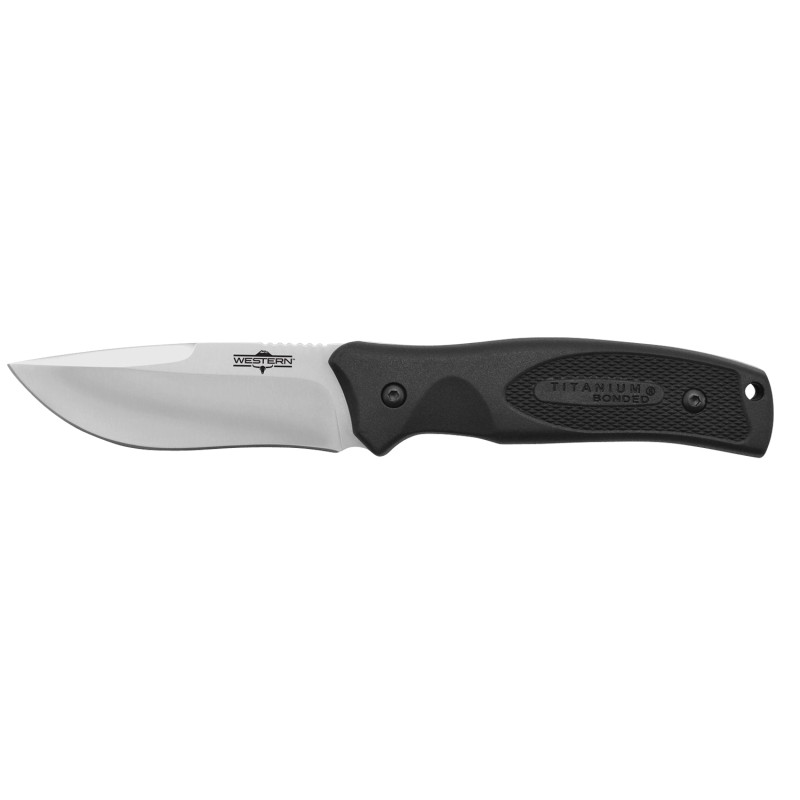 Camillus 19232 Western Black River 3.75 Fixed Drop Point Plain Satin 420 Steel Titanium Bonded Blade Black Rubber Handle Include