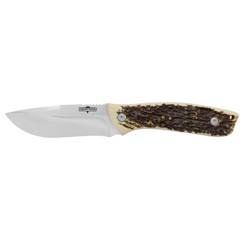 Camillus 19246 Western Crosstrail 4.25 Fixed Drop Point Plain Silver 420 Steel Titanium Bonded Blade StagAntler Delrin Handle In