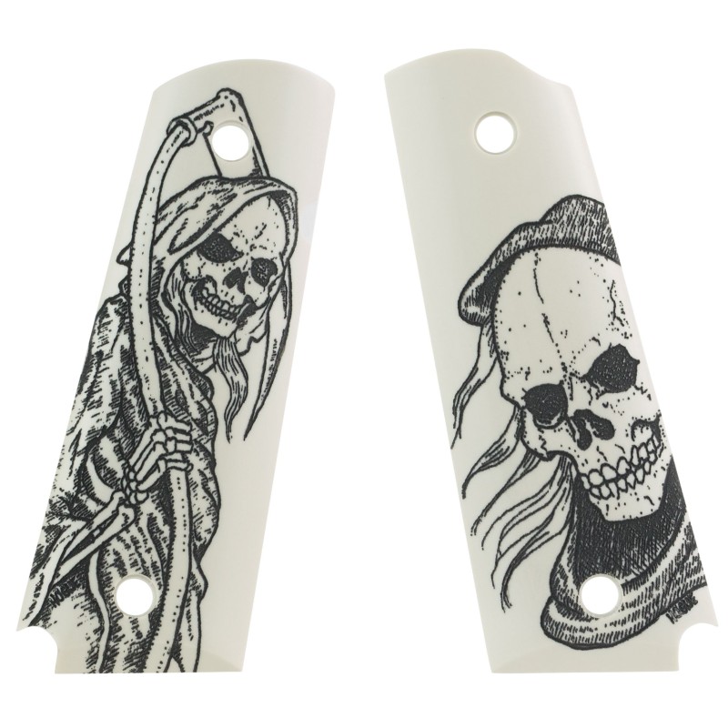 Hogue 45026 Scrimshaw Grip  AmbiCut Ivory with Grim Reaper Polymer for 1911 Government