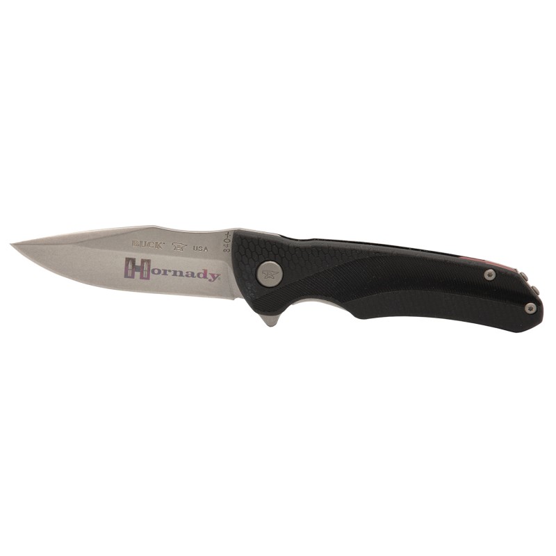 Hornady 99143   Folding Plain Satin w Laser Engraved Logo 420HC SS Blade Black GFN Handle Includes Pocket Clip