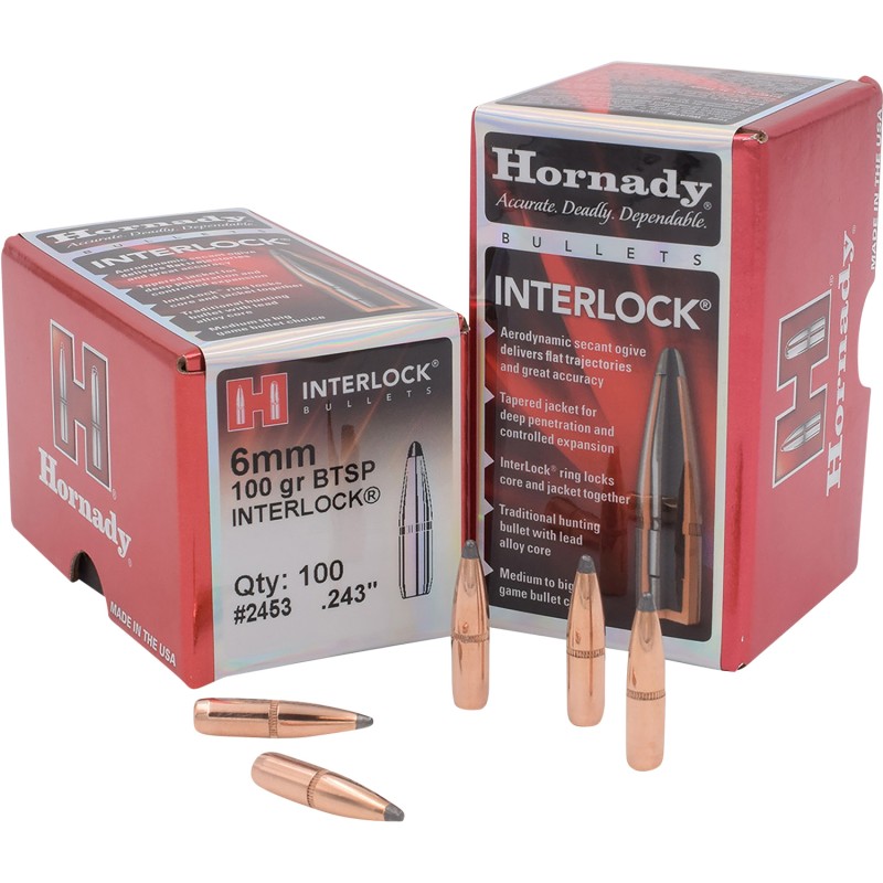 Hornady 2453 InterLock  6mm .243 100 gr Boat Tail Spire Point 100 Per Box 25 Case