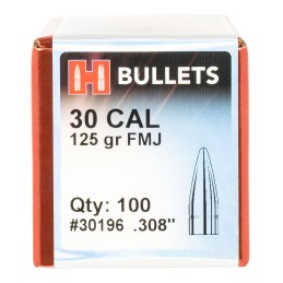 Hornady 30196 FMJ  30 Cal .308 125 gr Full Metal Jacket 100 Per Box 25 Case