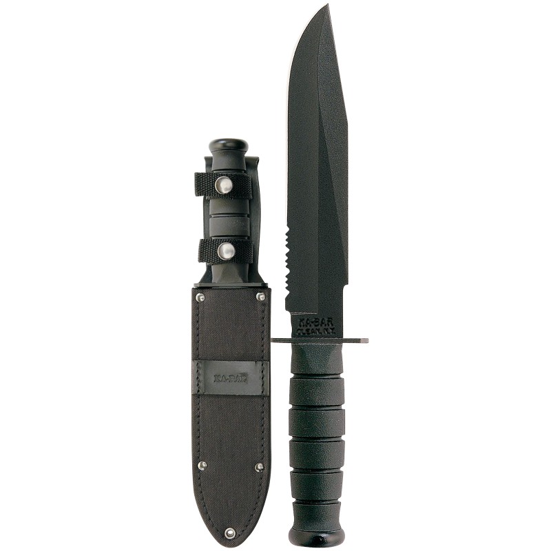 KaBar 1271 Fighter  8 Fixed Clip Point Part Serrated Black 1095 CroVan Blade Black Kraton G Handle Includes Sheath