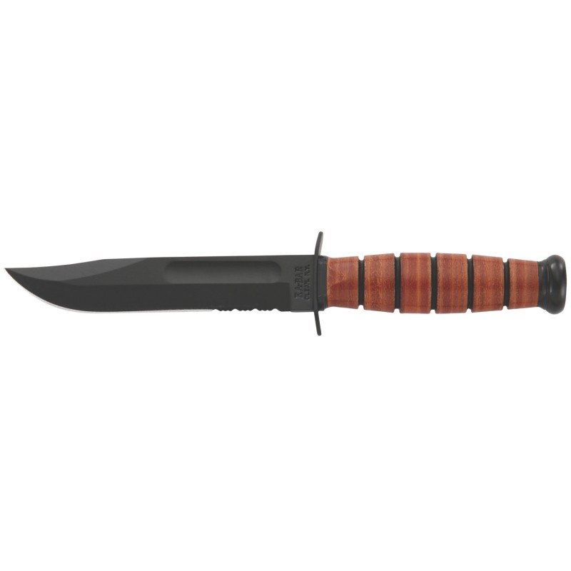 KaBar 1252 USMC  5.25 Fixed Clip Point Part Serrated Black 1095 CroVan Blade Brown Leather Handle Includes Sheath