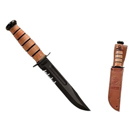 KaBar 1218 USMC FightUtility 7 Fixed Clip Point Part Serrated Black 1095 CroVan Blade. Brown Leather Handle. Includes Sheath