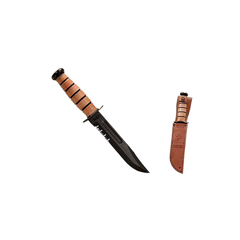 KaBar 1218 USMC FightUtility 7 Fixed Clip Point Part Serrated Black 1095 CroVan Blade. Brown Leather Handle. Includes Sheath