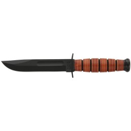 KaBar 1250 Short USMC 5.25 Fixed Clip Point Plain Black 1095 CroVan Blade Brown Leather Handle Includes Sheath