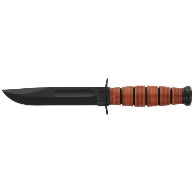 KaBar 1250 Short USMC 5.25 Fixed Clip Point Plain Black 1095 CroVan Blade Brown Leather Handle Includes Sheath