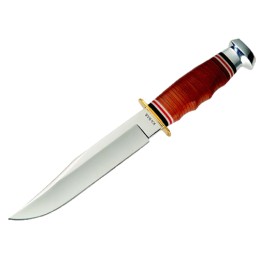 KaBar 1236 Bowie  6.94 Fixed Clip Point Plain Polished 4116 SS Blade Stacked Leather wFinger Grooves Leather Handle Includes She