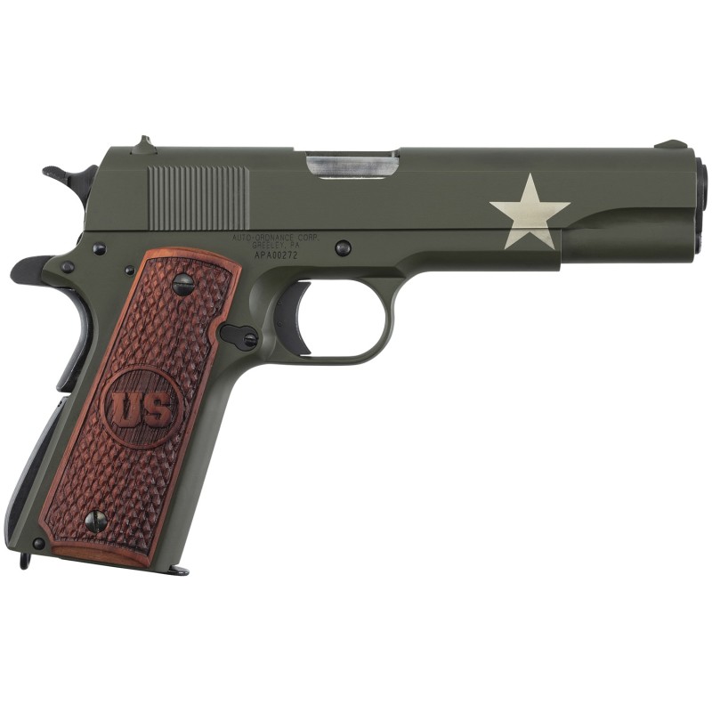 AutoOrdnance 1911BKOC11 1911 Tanker 45 ACP  5 Barrel 71 OD Green Carbon Steel FrameSlide with Sherman Tank Star Checkered US Eng