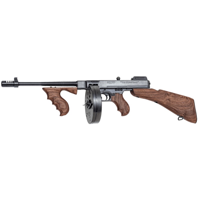 Thompson T1100D 1927A1 Deluxe Carbine 45 ACP Caliber with 18 Barrel 201 Capacity Stick 1001 Capacity Drum Blued Metal Finish Ame