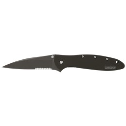 Kershaw 1660CKTST Leek  3 Folding Modified Drop Point Part Serrated Black DLC 14C28N Steel Blade Black DLC 410 Stainless Steel H