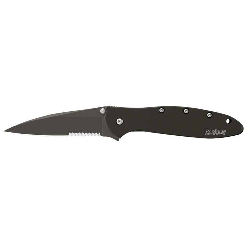 Kershaw 1660CKTST Leek  3 Folding Modified Drop Point Part Serrated Black DLC 14C28N Steel Blade Black DLC 410 Stainless Steel H