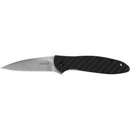 Kershaw 1660CF Leek  3 Folding Drop Point Plain Stonewashed CPM 154 SS Blade Black Carbon Fiber Handle Includes Pocket Clip