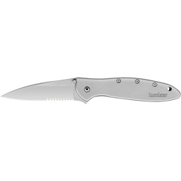 Kershaw 1660ST Leek  3 Folding Drop Point Part Serrated Bead Blasted 14C28N Steel Blade Bead Blasted 410 Stainless Steel Handle 