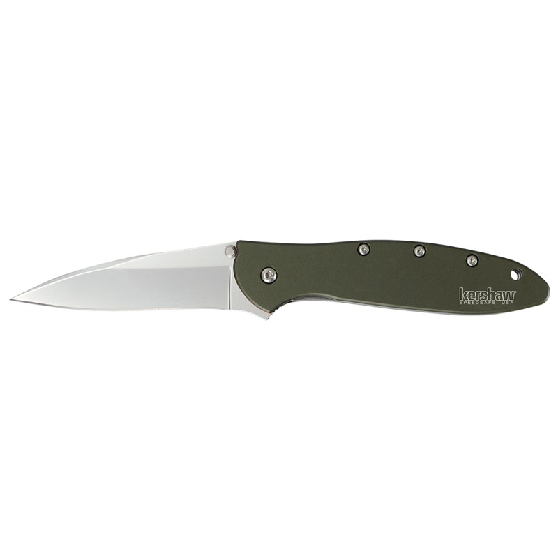 Kershaw 1660OL Leek  3 Folding Drop Point Plain Bead Blasted 14C28N Steel Blade Olive Drab Anodized Aluminum Handle Includes Poc