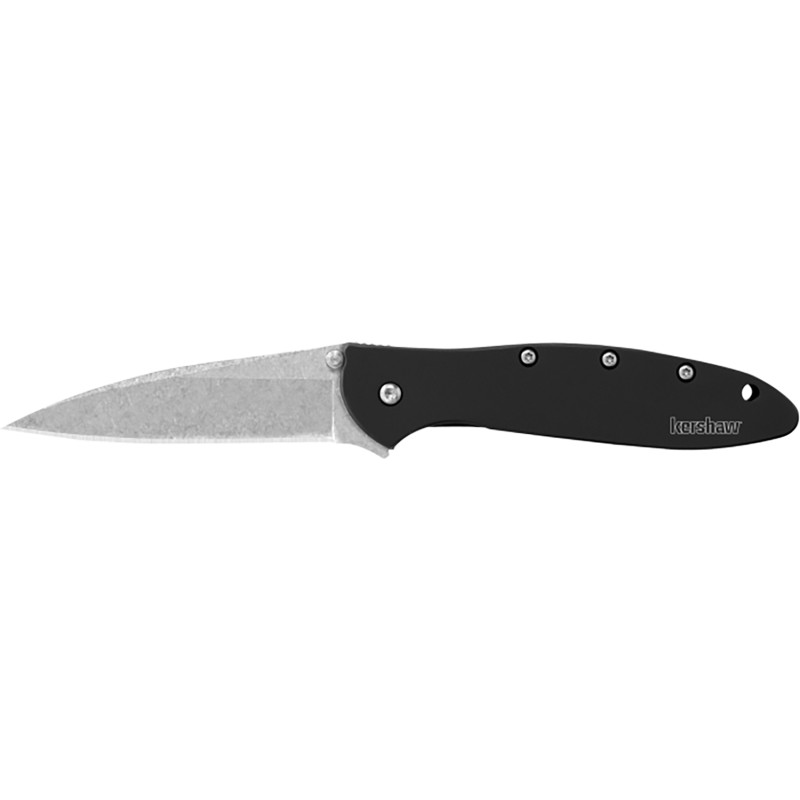 Kershaw 1660SWBLK Leek  3 Folding Drop Point Plain Stonewashed 14C28N Steel Blade Black Anodized Aluminum Handle Includes Pocket