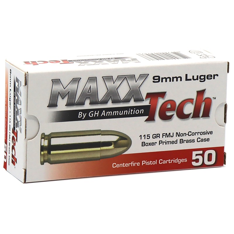 MaxxTech PTGB9MMB Brass Pistol  9mm Luger 115 gr Full Metal Jacket 50 Per Box 10 Case