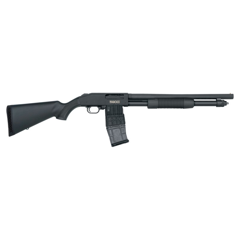 Mossberg 50205 590M MagFed 12 Gauge 2.75 101 18.50 Cylinder Bore Barrel Matte Blued Rec Black Synthetic Stock Right Hand