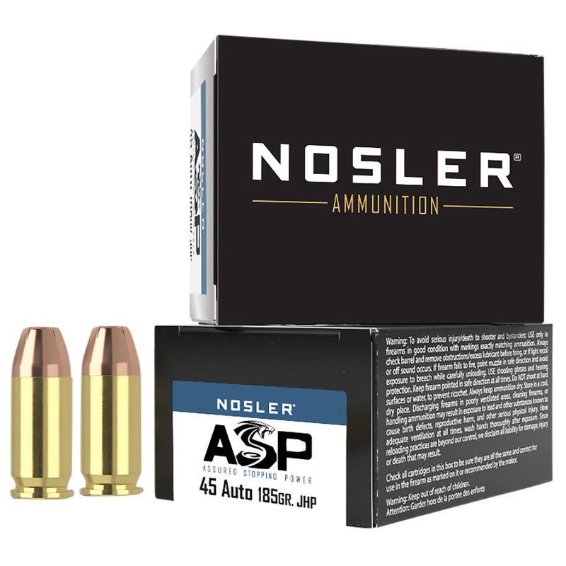 Nosler 51278 Assured Stopping Power Handgun 45 ACP 185 gr Jacket Hollow Point 20 Per Box 20 Case