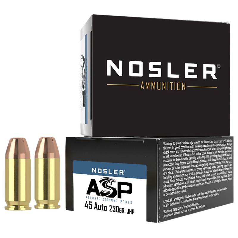 Nosler 51277 Assured Stopping Power Handgun 45 ACP 230 gr Jacket Hollow Point 20 Per Box 20 Case