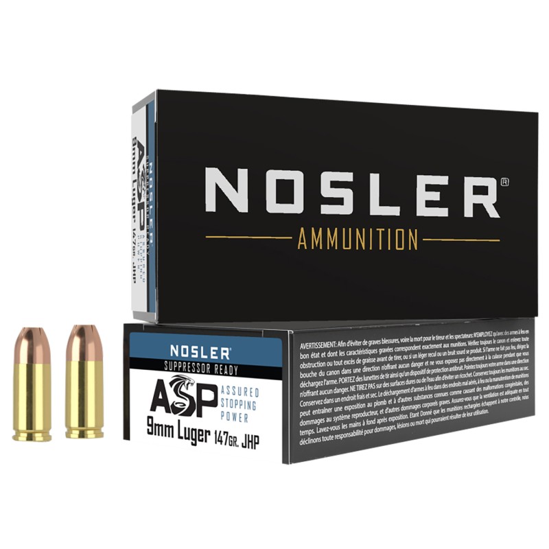 Nosler 51325 Assured Stopping Power Handgun 9mm Luger 147 gr Jacket Hollow Point 50 Per Box 10 Case