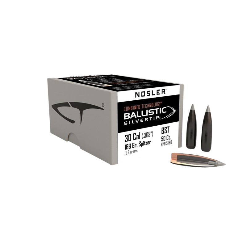 Nosler 51160 Ballistic Silvertip  30 Cal .308 168 gr Spitzer Point 50 Per Box