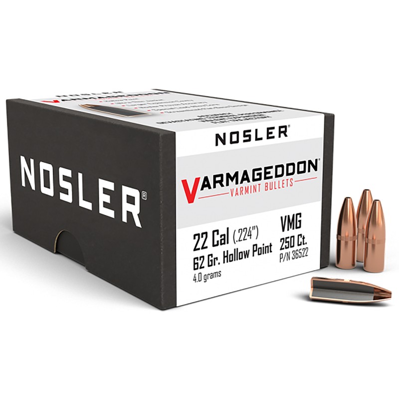 Nosler 36522 Varmageddon  22 Cal .224 62 gr Flat Base Hollow Point 250 Per Box