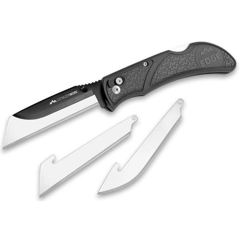 Outdoor Edge RW3060C RazorWork  3 Folding Drop PointUtility PlainGut Hook Black Satin 420J2 SS Blade Gray Nonslip Gray Grivory w