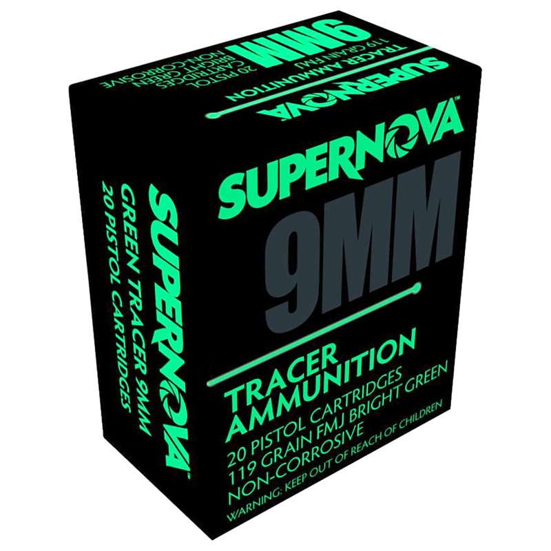 Supernova PMSN9MMG Green Tracer Non Corrosive 9mm Luger 119 Gr Full Metal Jacket 20 Per Box 50 Case