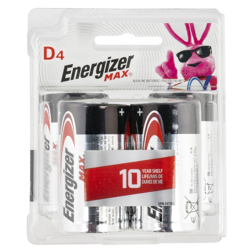 Energizer E95BP4 MAX D Batteries  Alkaline 1.5 Volts Qty 4 Single Pack