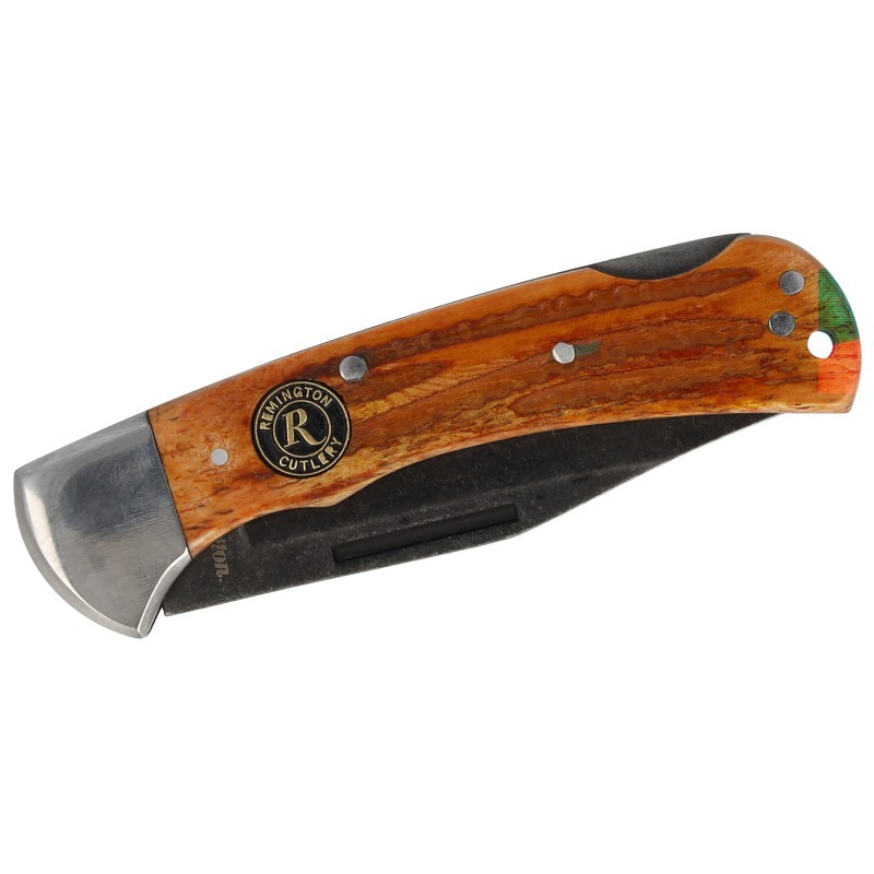 Remington Accessories 15646 Backwoods Lock Back Stonewashed Carbon Steel Blade Coffee Brown wRemington Medallion Bone Handle