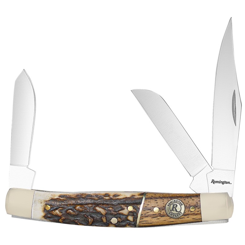 Remington Accessories 15653 Guide Stockman Folding Stainless Steel Blade BrownWhiteSilver wRemington Shield Stag BoneNickle Hand