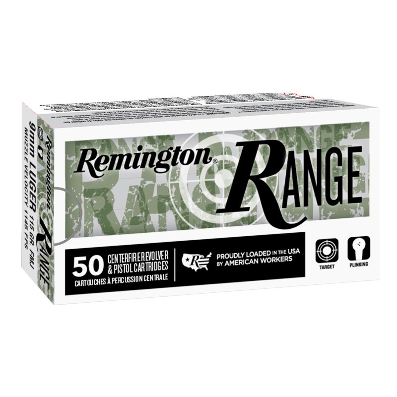 Remington Ammunition 28565 Range  9mm Luger 124 gr Full Metal Jacket 50 Per Box 10 Case